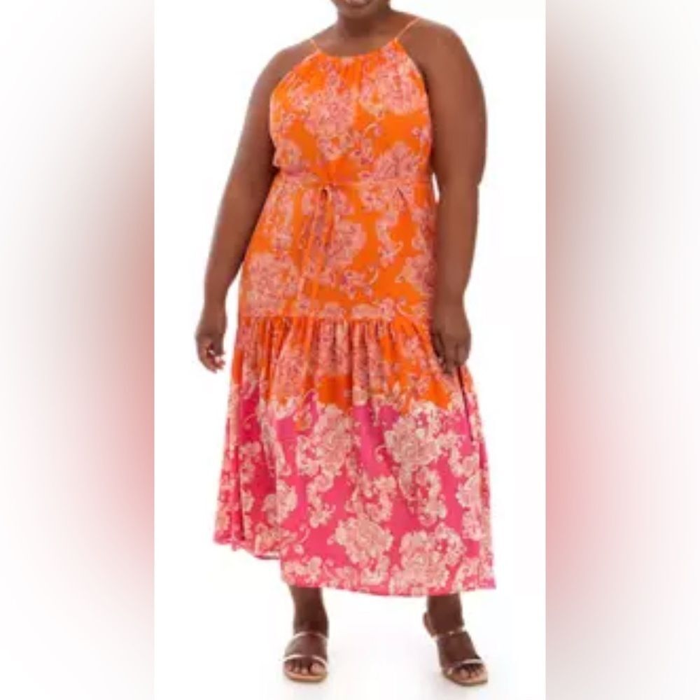 NEW Maxi Dress Sundress Summer Boho Tiered Pink Orange Bright Plus Size 24W